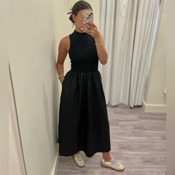 Drop waist contrast black mock neck sleeveless midi dress with side pockets - Picture 4 of 8